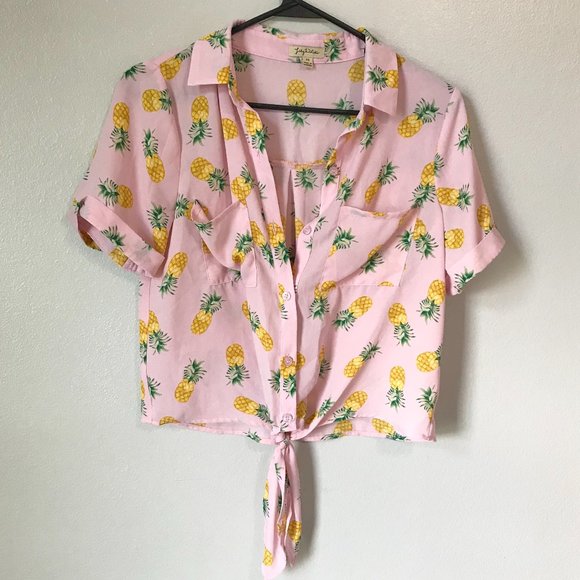 Lily White Tops - Light Pink Pineapple Button Down Tie Front Blouse